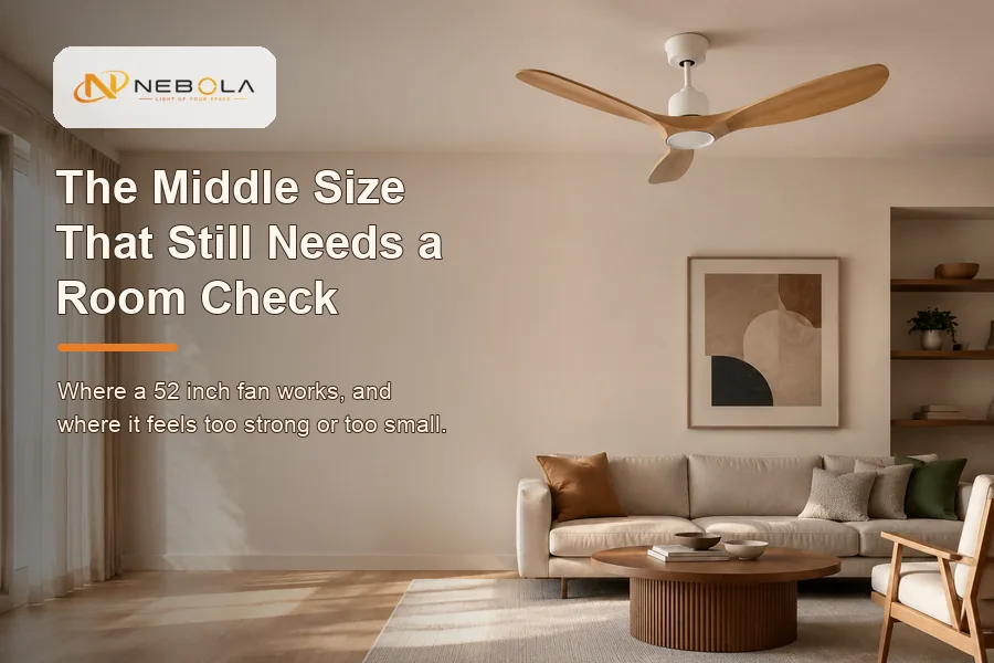 52 inch ceiling fan room size guide banner with NEBOLA logo and medium room planning