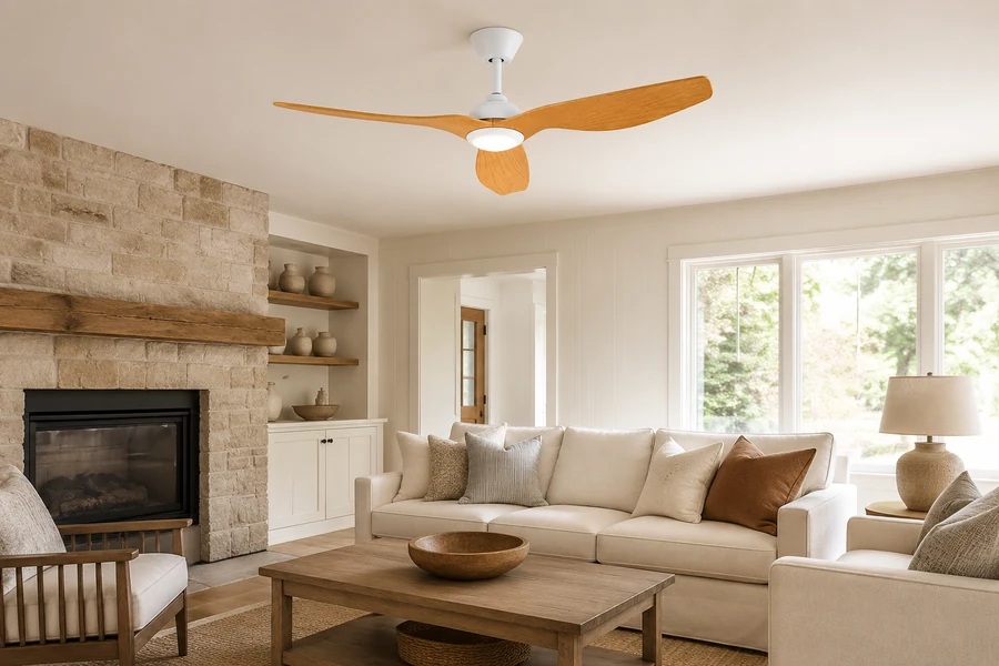 Wood blade ceiling fan used as a living room focal point