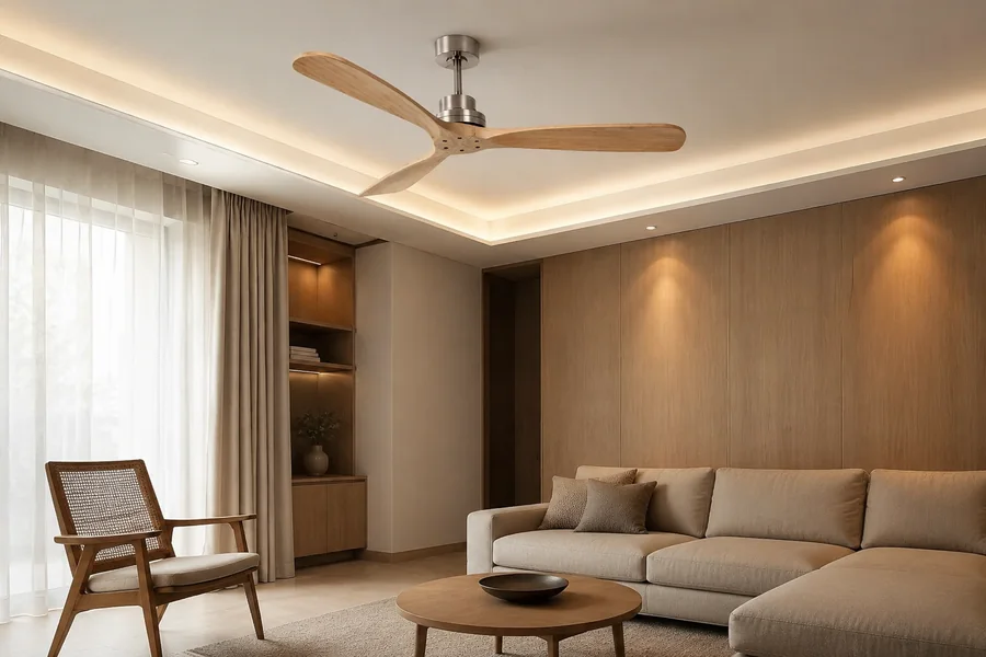 Wood ceiling fan with separate living room lighting layers
